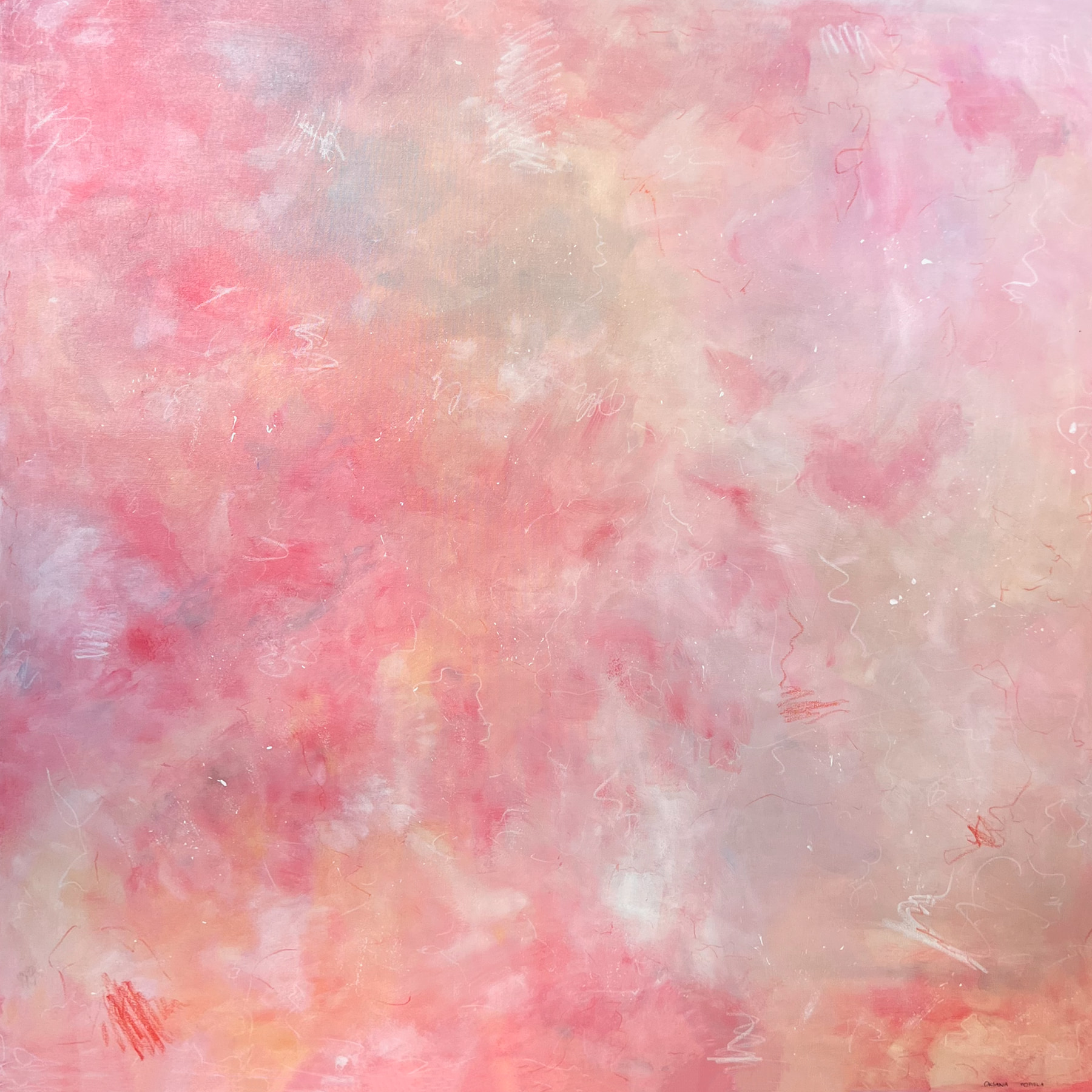 Square abstract painting in soft pastels — pinks, peaches and pale grays — with sketchy linear marks scattered across a blurred, layered ground. Acrylic on canvas, 100 × 100 cm.