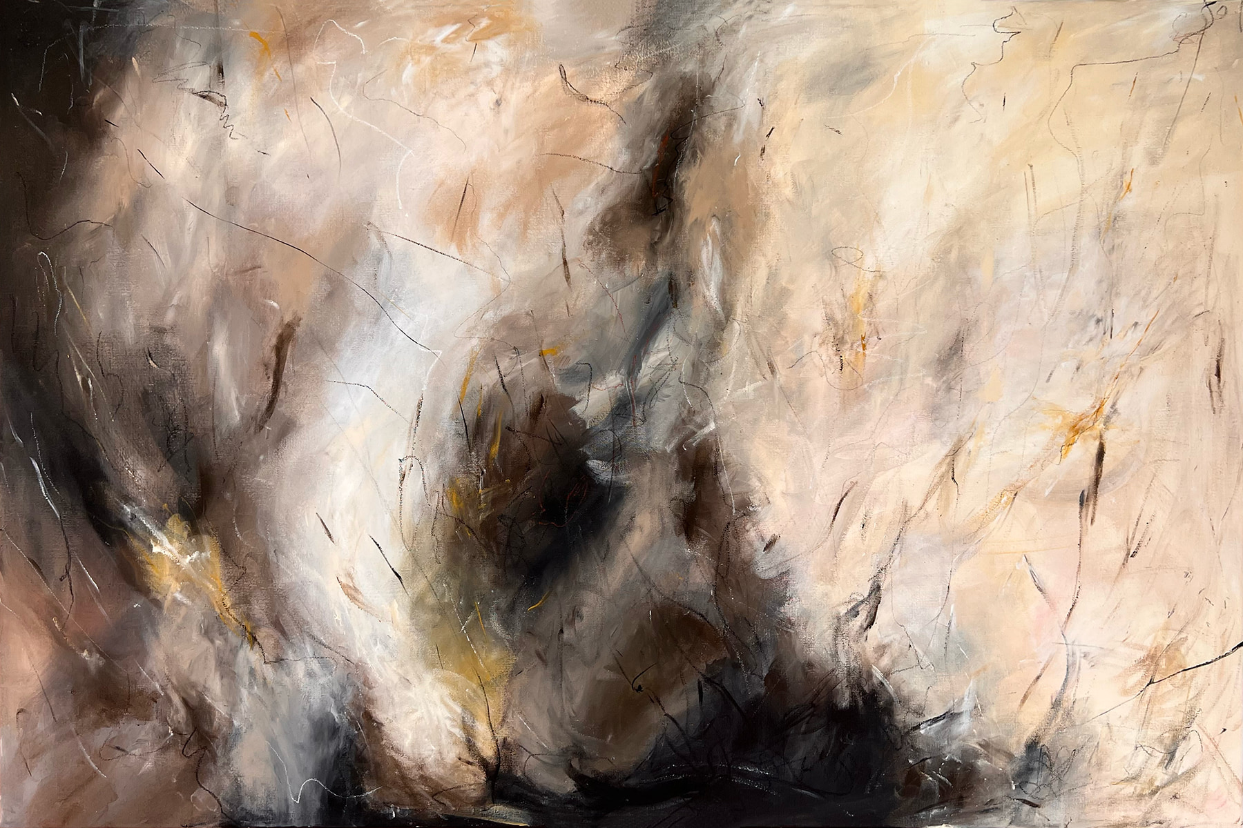 Abstract horizontal painting in warm ochres, honey yellows, and pale gold. Wide gestural brushstrokes sweep left to right, suggesting summer light and soft wind.