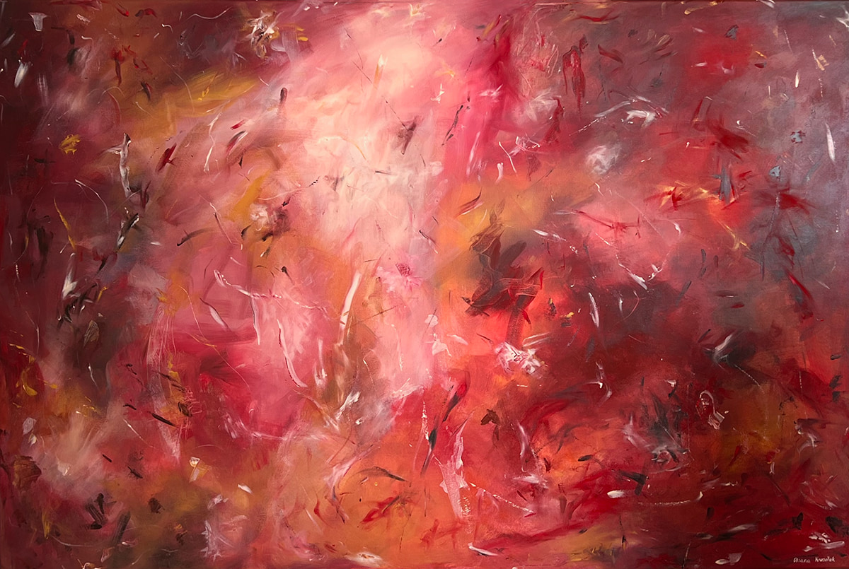 Horizontal abstract painting in ochre, crimson and bone-white. Gestural wet-into-wet acrylic strokes across a warm ground, evoking autumn as a temperature rather than a scene.