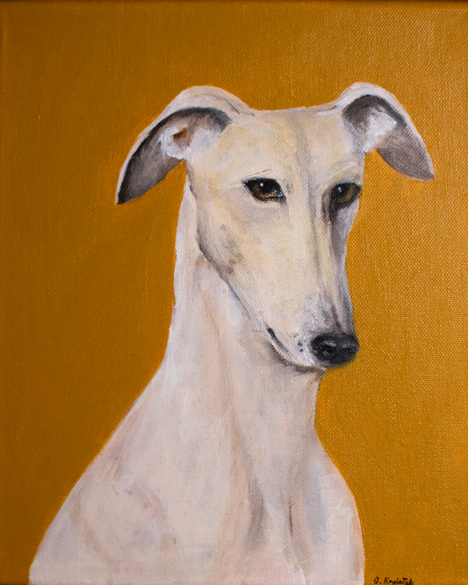 Small intimate portrait of a greyhound on a warm ochre ground; the dog's slender face turned toward the viewer with large dark eyes. Acrylic on canvas, 20 × 30 cm.