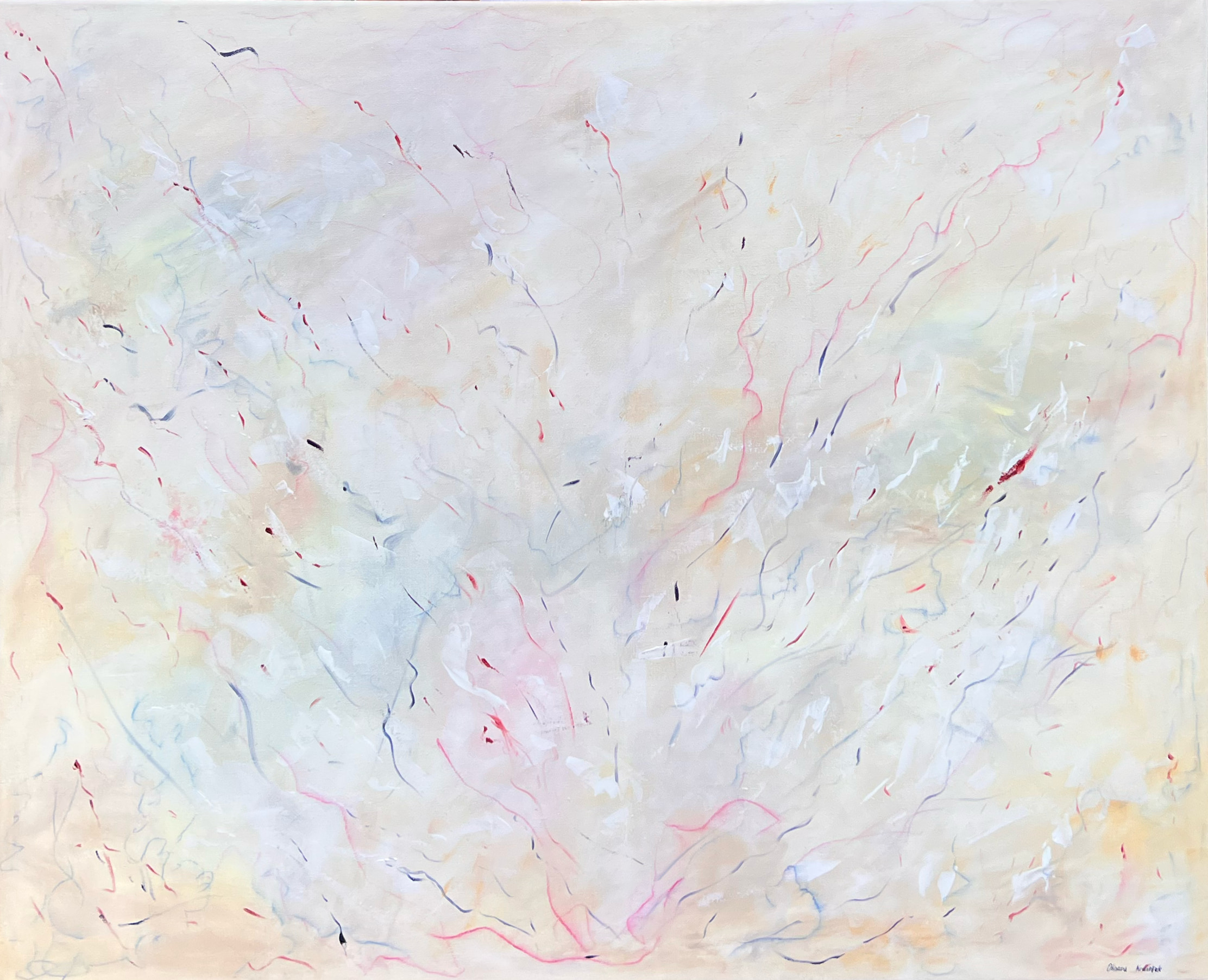 Horizontal abstract painting suggesting daybreak, in luminous whites and soft warm pastel tones, with subtle layered marks. Acrylic on canvas, 120 × 100 cm.