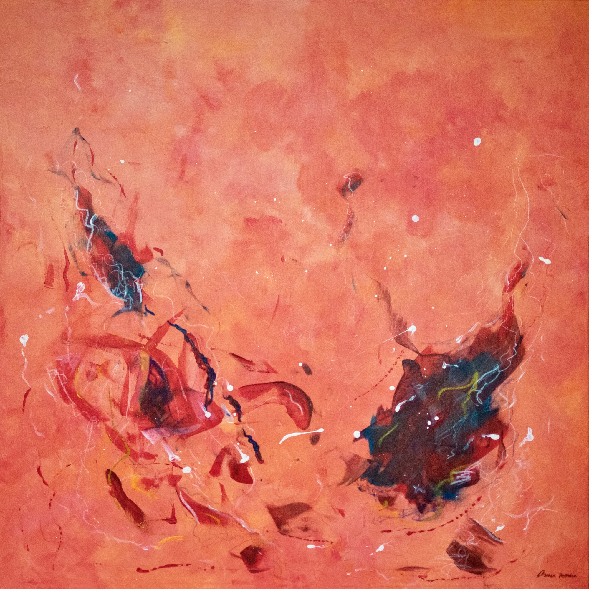 Square abstract painting in saturated orange with two dark, blurred ribbon-like forms and scattered scratched lines. Acrylic on canvas, 100 × 100 cm.