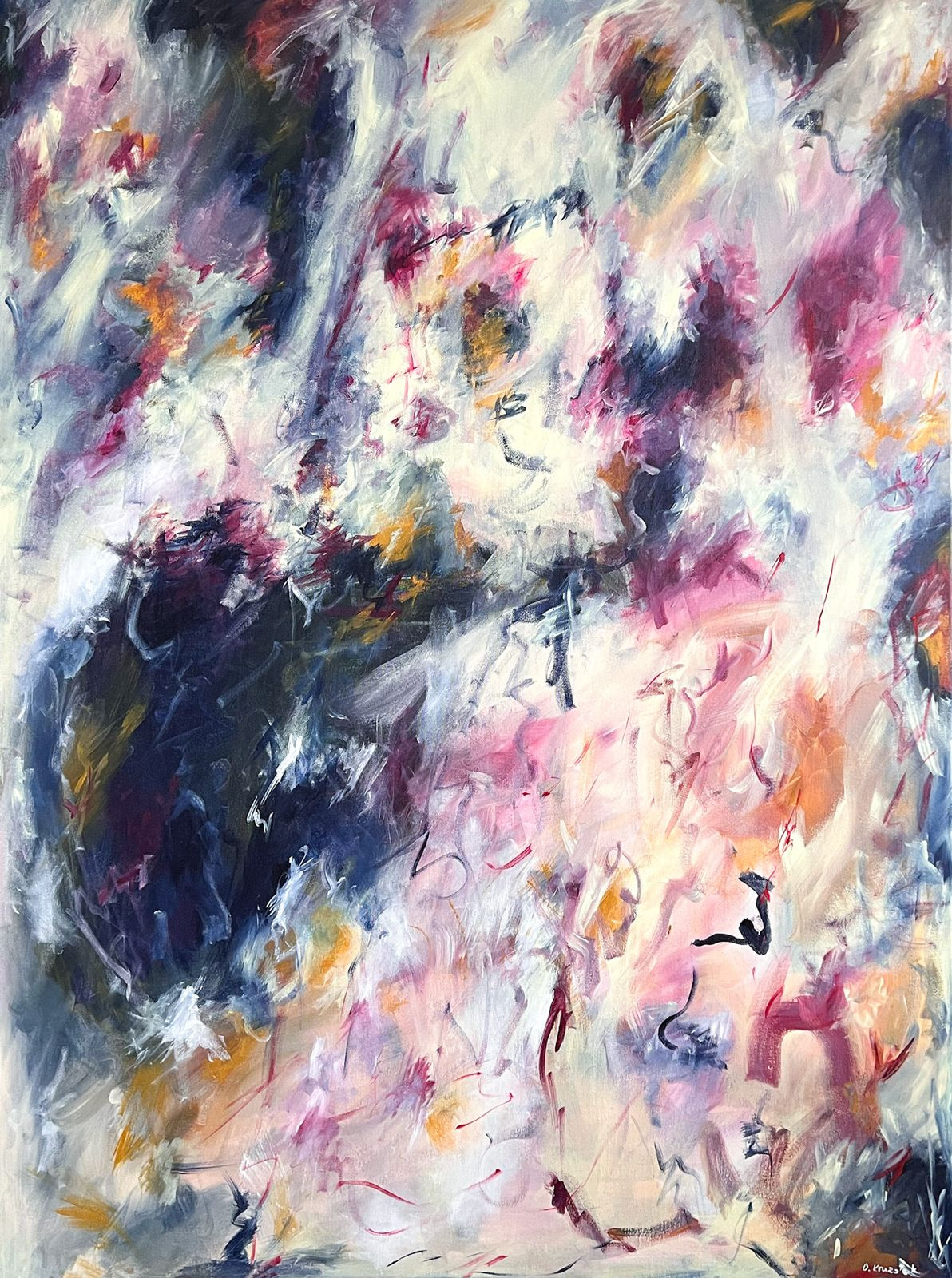 Abstract vertical painting in green, ochre, and pale white. Gestural brushstrokes mirrored along the horizontal midline, evoking grasses and their reflection in still water.