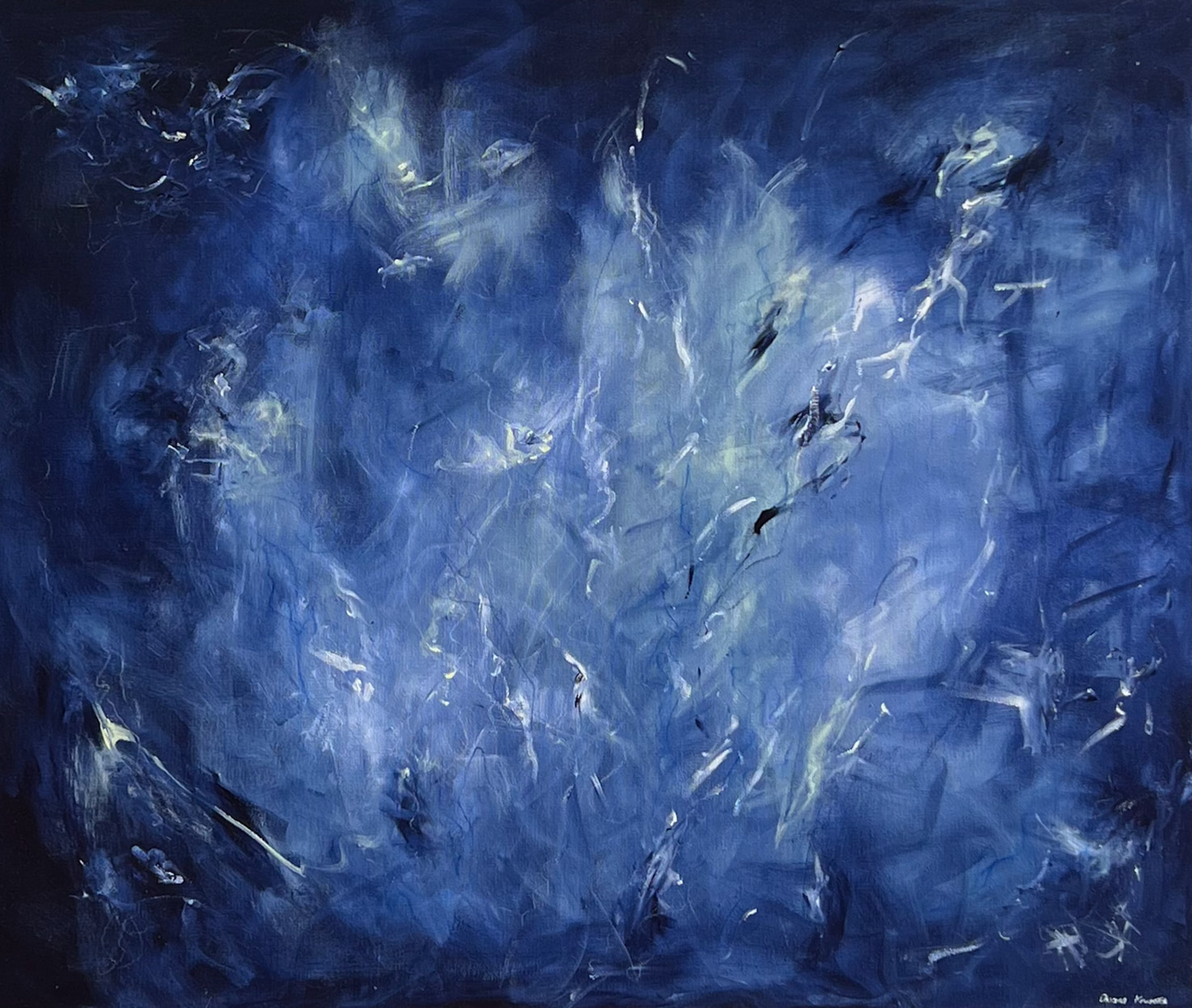 Horizontal abstract painting in deep midnight blues with delicate vertical streams of pale light. Acrylic on canvas, 120 × 100 cm.