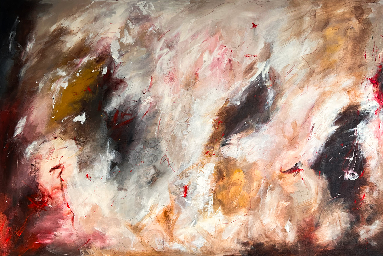 Horizontal spring-themed abstract painting in fresh greens, soft yellows and bright whites with rushing layered brushwork. Acrylic on canvas, 120 × 80 cm.