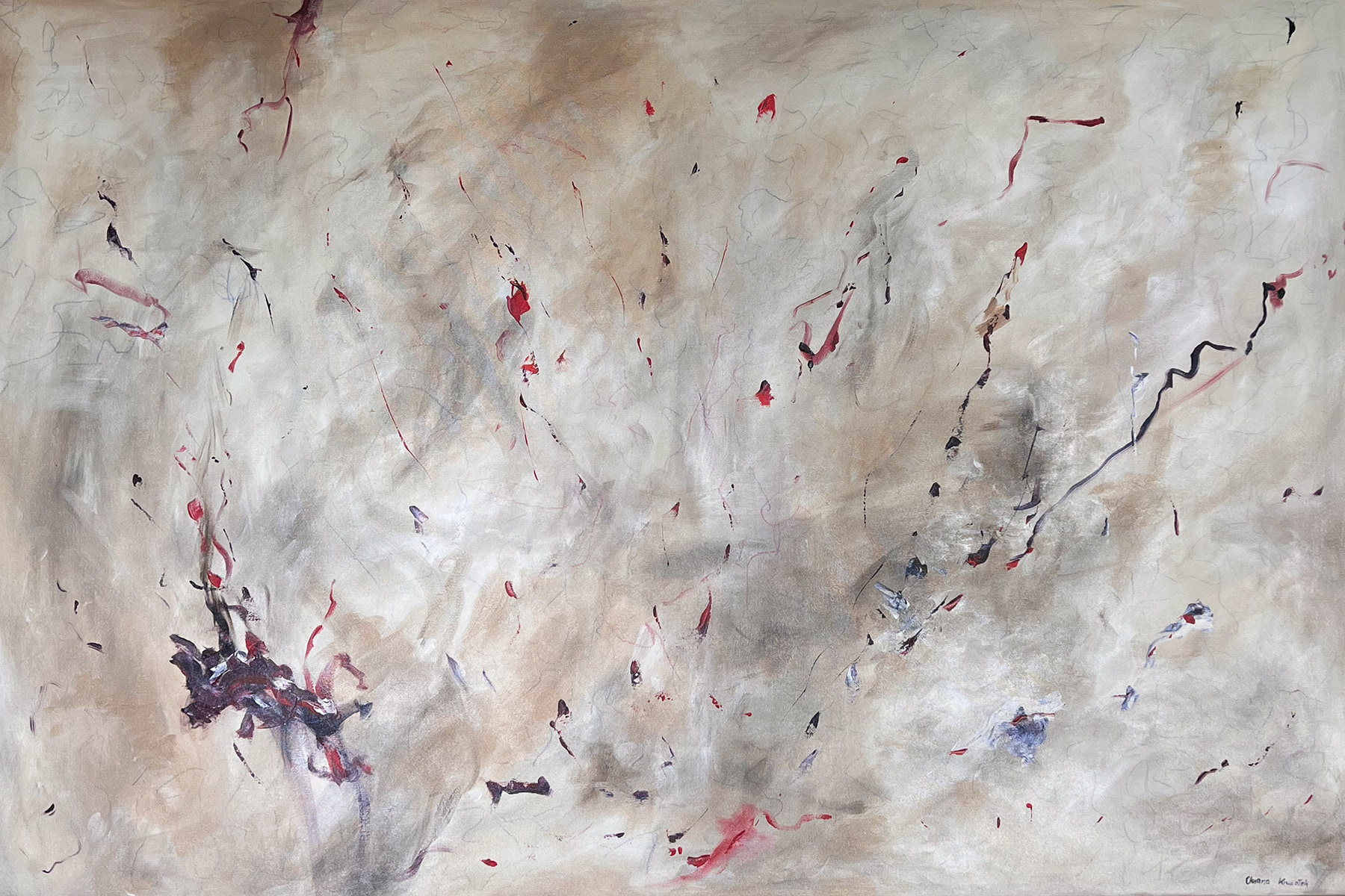 Horizontal abstract painting on warm cream and ochre ground with scattered red, dark gray and indigo specks suggesting an explosive shockwave. Acrylic on canvas, 120 × 80 cm.