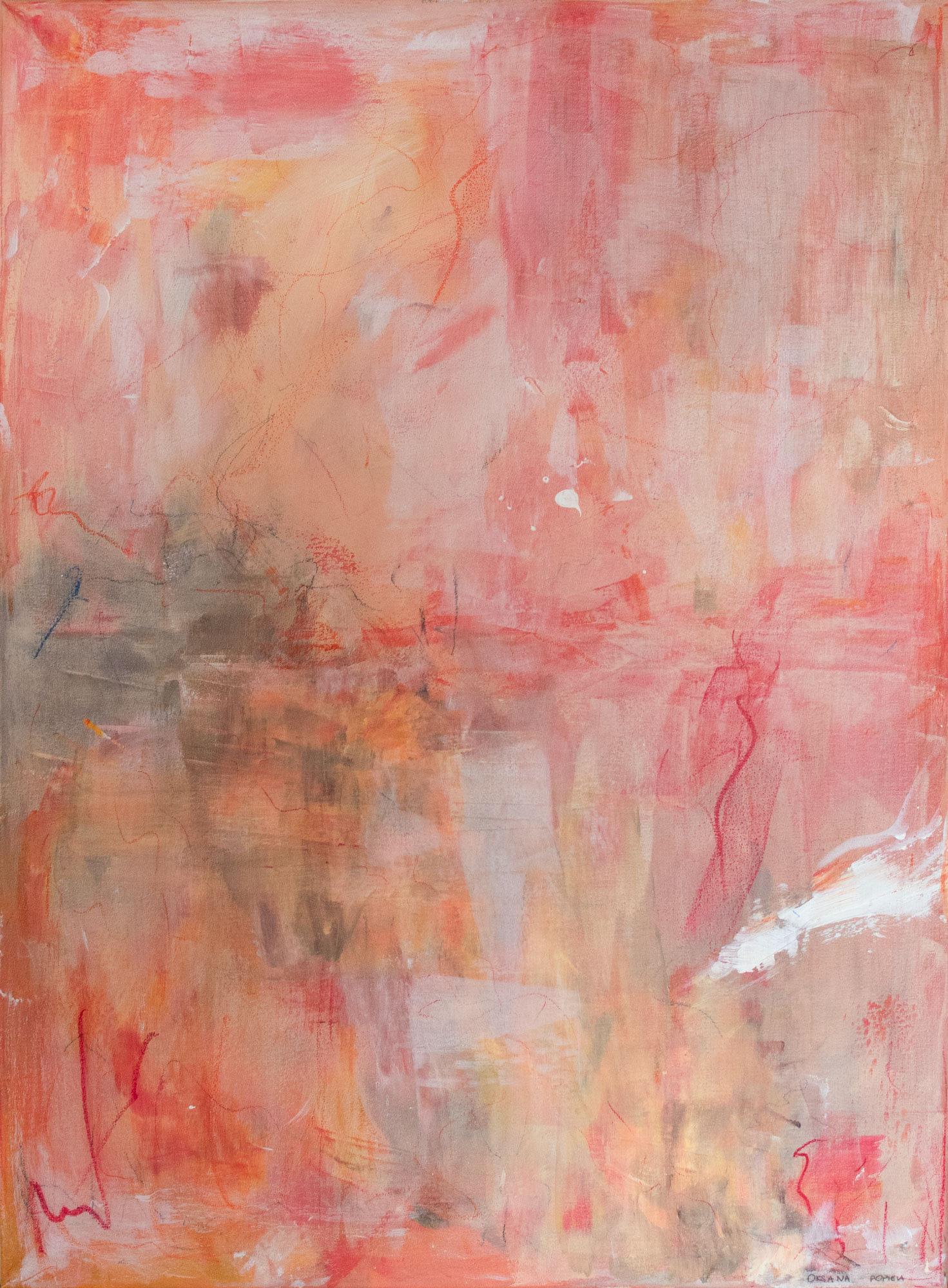 Vertical abstract painting in soft pinks, peaches and warm grays with subtle scratches and translucent layers. Acrylic on canvas, 60 × 80 cm.