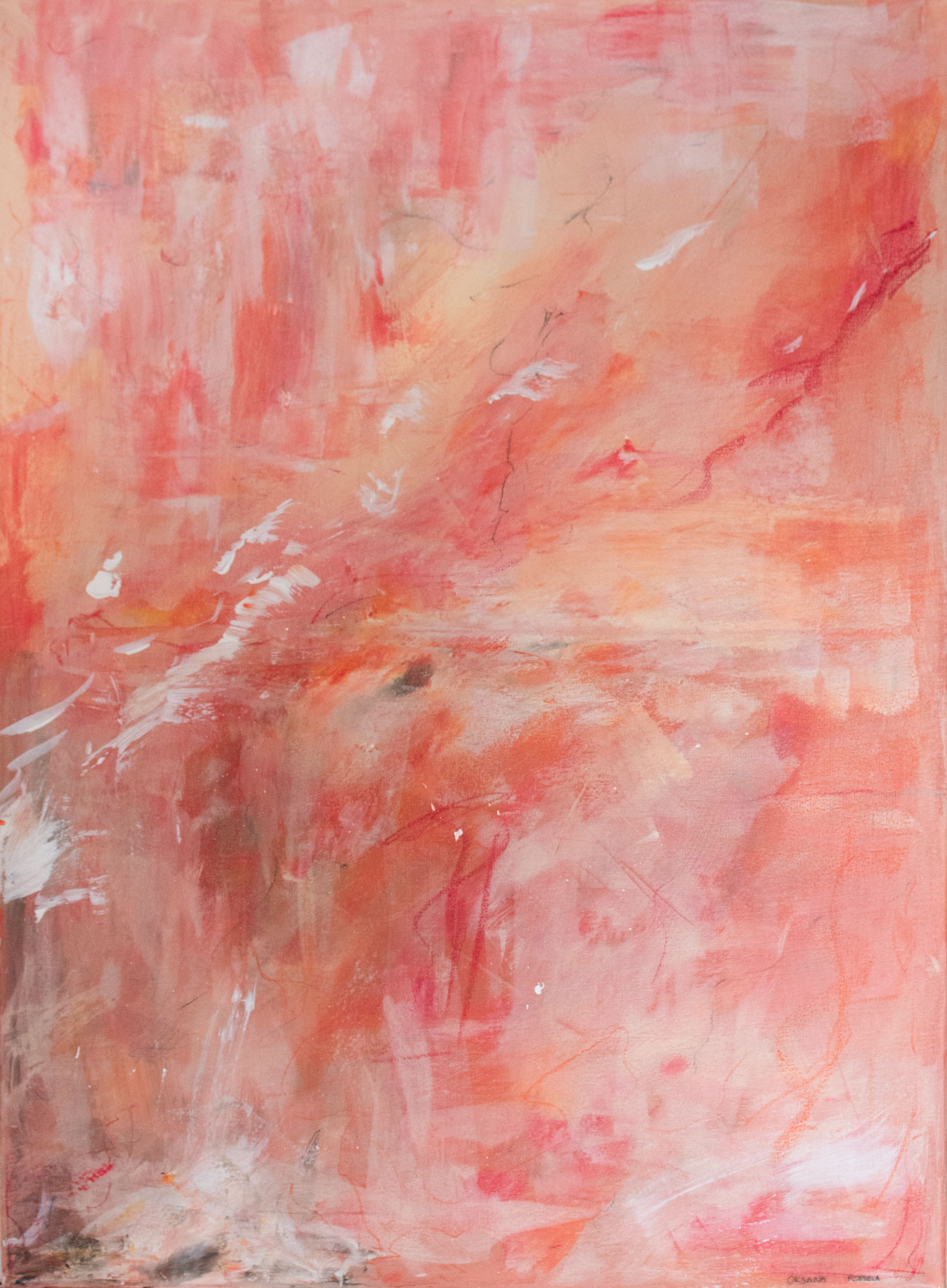Vertical abstract painting in saturated peach and pink with cascading layered brushwork, white horizontal smudges and dark linear marks. Acrylic on canvas, 60 × 80 cm.