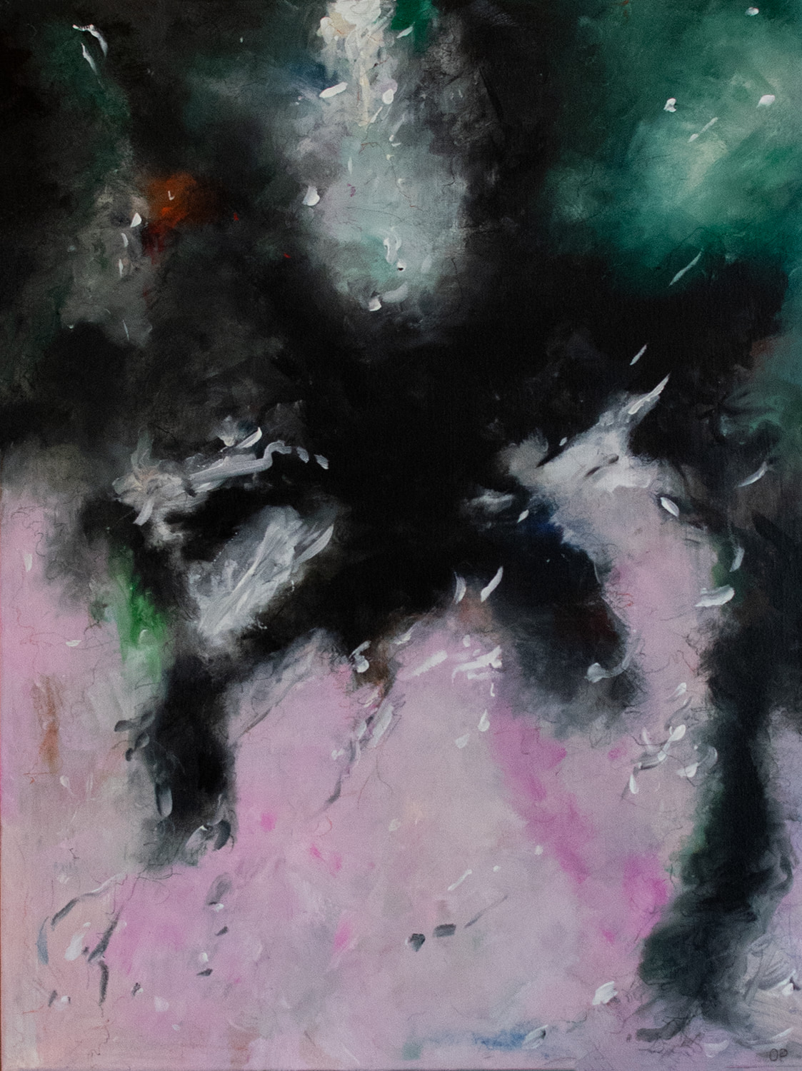 Vertical abstract painting in deep teal and black with a soft pink lower field, scattered white linear flashes suggesting crystal veins and cracks. Acrylic on canvas, 60 × 80 cm.