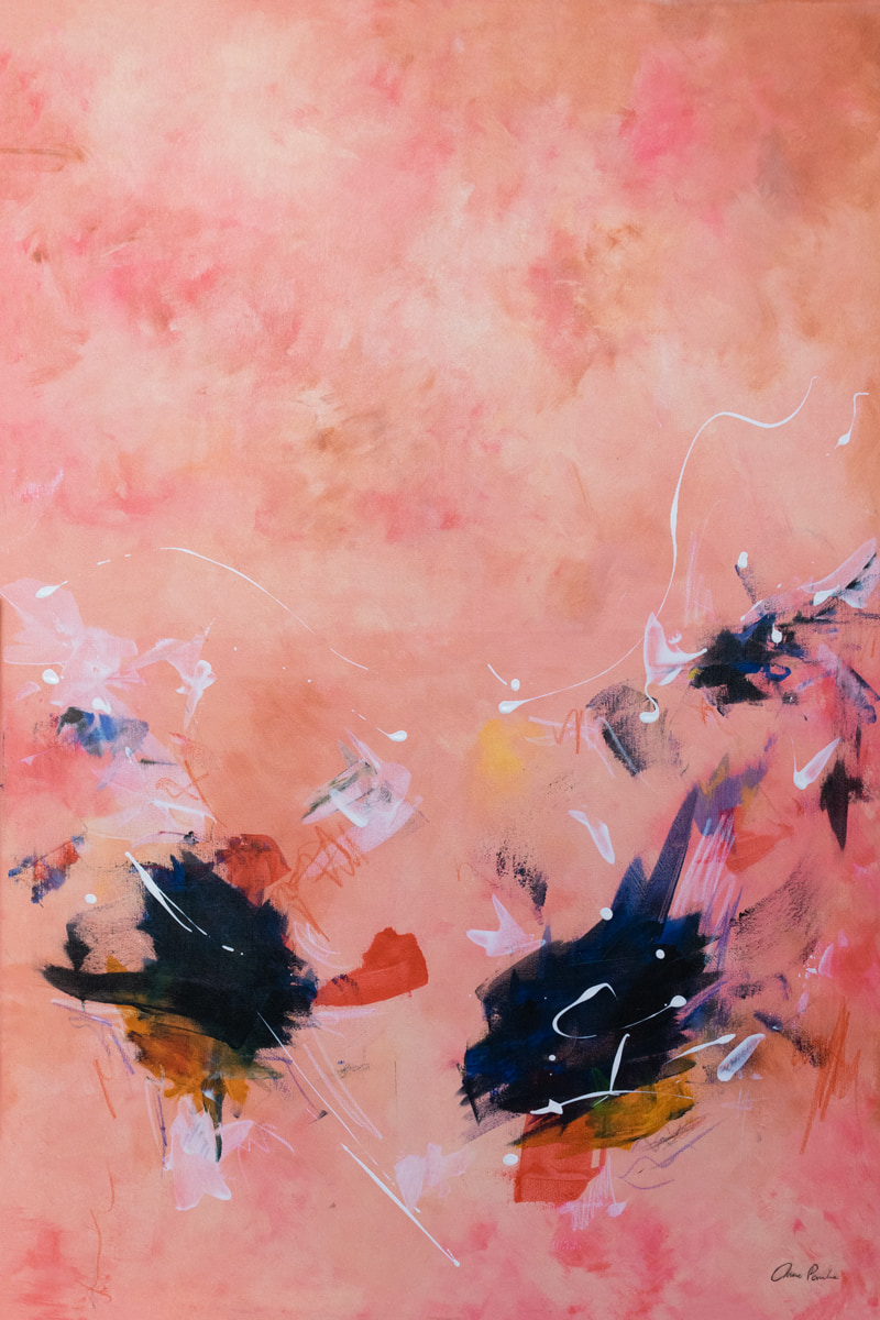 Vertical abstract painting in soft pinks and peach with two dark dense forms suggesting falling silk and white linear flashes of light. Acrylic on canvas, 80 × 120 cm.