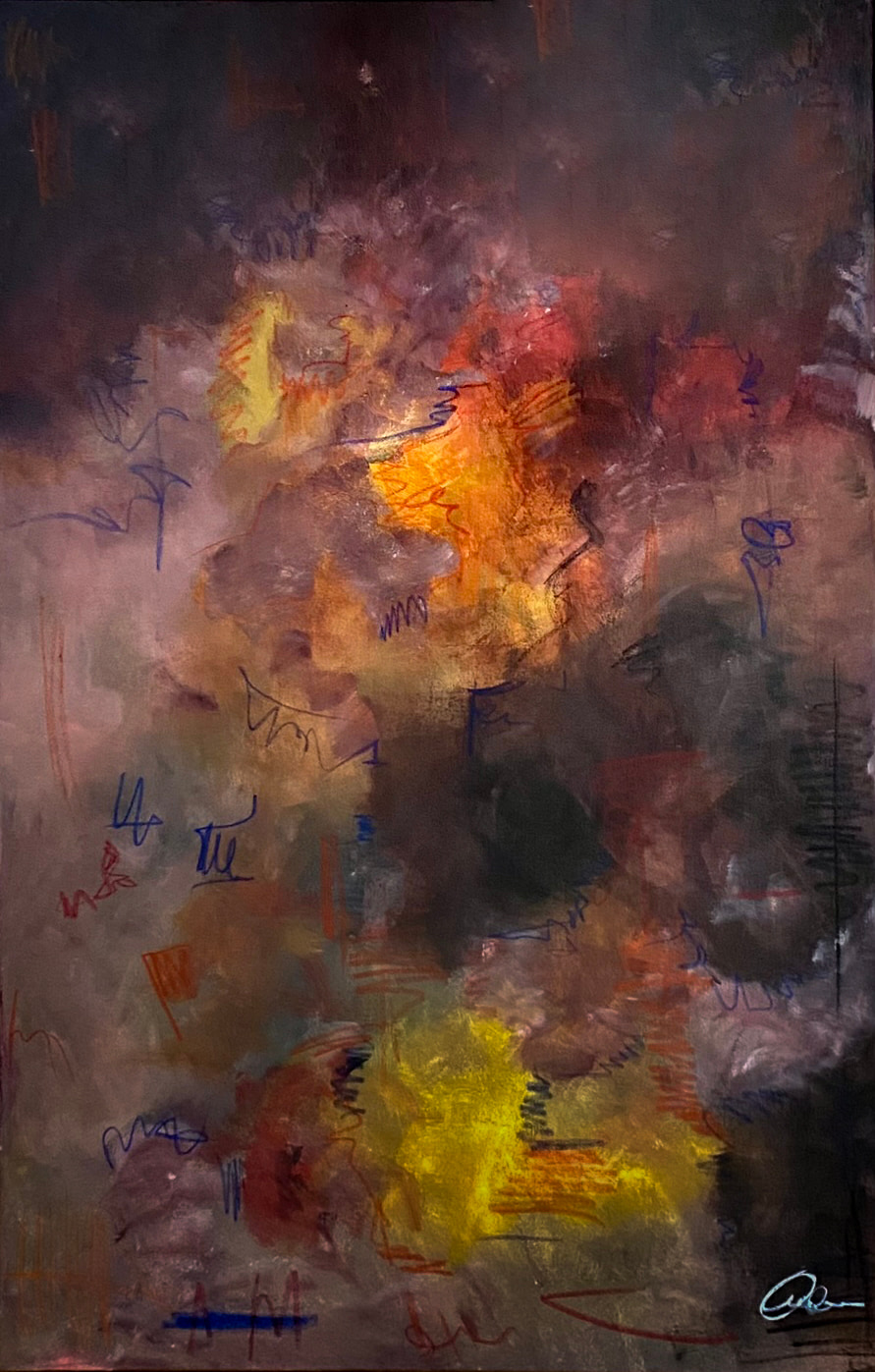 Vertical abstract painting in deep dark grays and blacks, lit from within by orange and yellow ochre patches, with nervous blue and red linear marks. Acrylic on canvas, 80 × 120 cm.