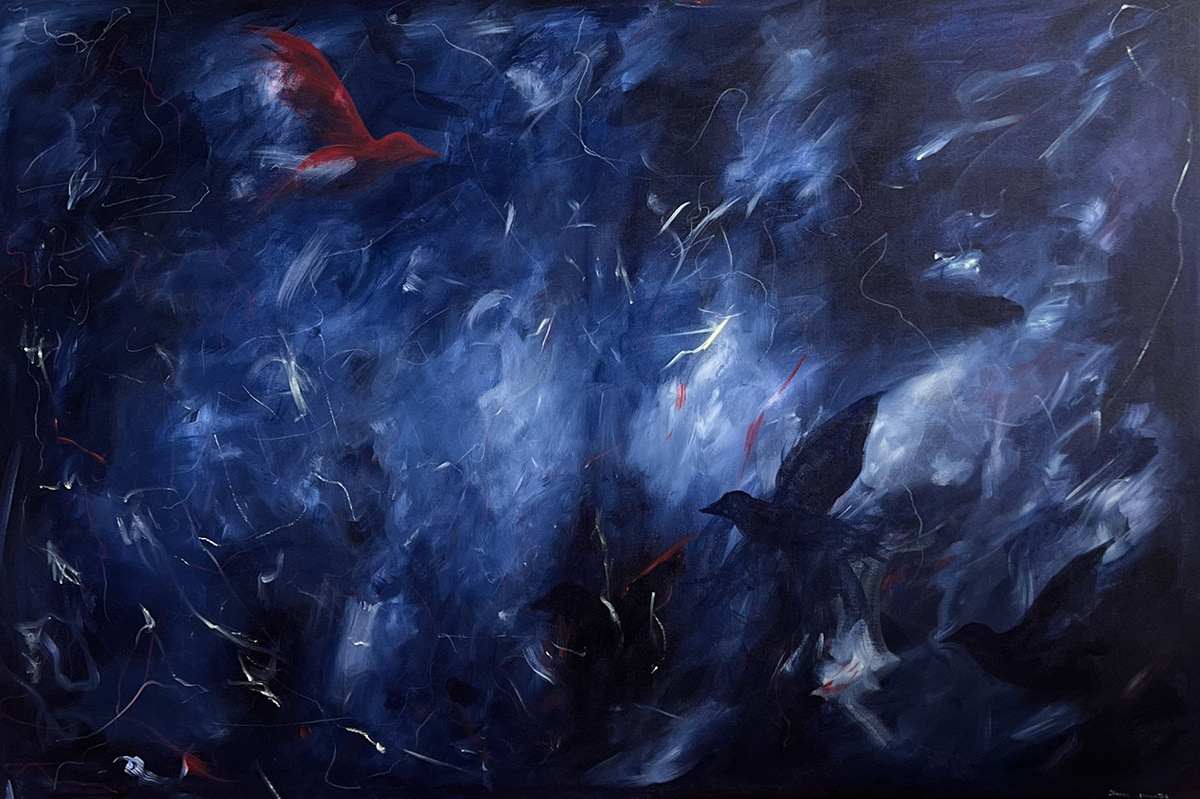 Horizontal abstract winter painting in cold whites, deep grays and slate, with a single red mark moving against a vortex of dark flock-like strokes. Acrylic on canvas, 120 × 80 cm.